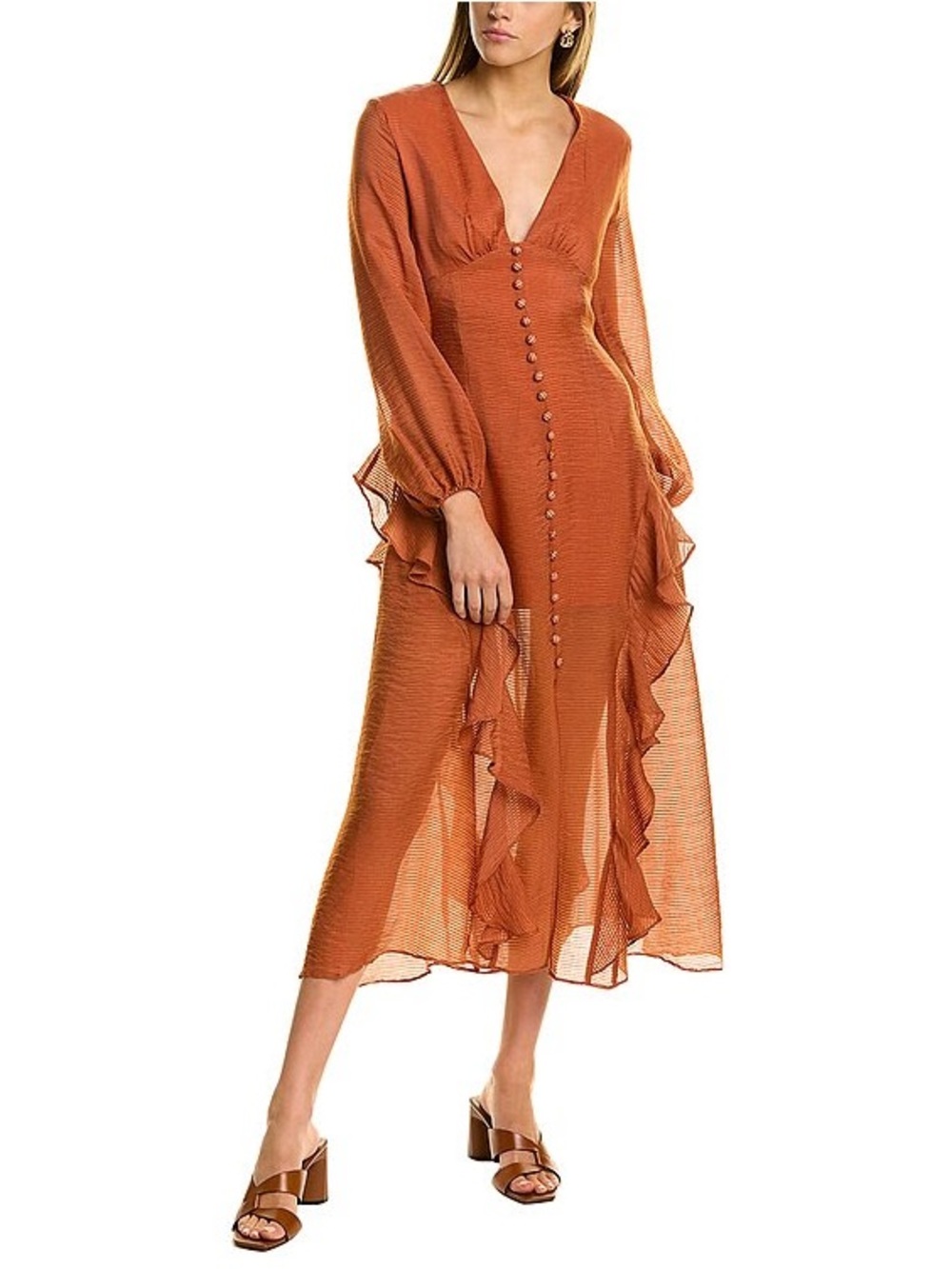 Perfect Fall Rust Long Sleeve V-Neck Ruffled Maxi Dress - Picture 2 of 5